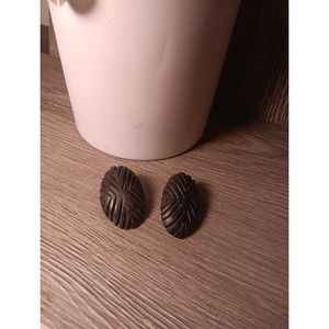 Vintage 80s pierced earrings Black 1.75" Long Resin/Wood Carved